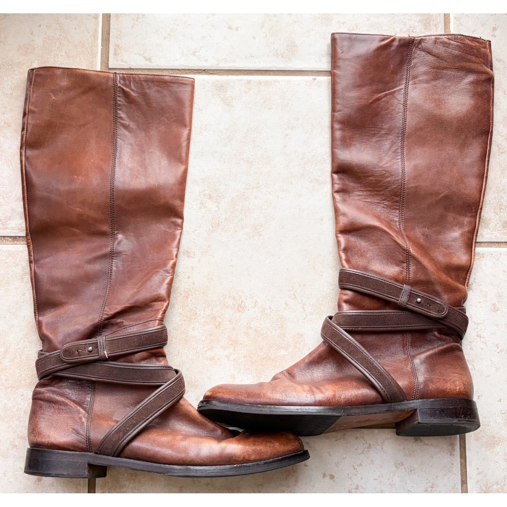 Cole Haan Petra Belt Riding Boot Brown Leather Equestrian Boho Moto Size 10